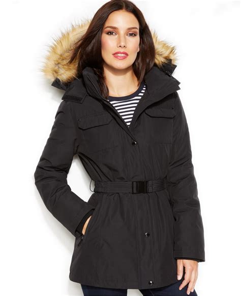 michael michael kors hooded faux fur trim belted down puffer coat